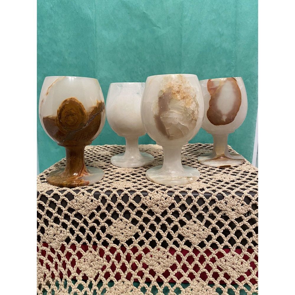 Set of 4 Vintage‎ Natural Agate Alabaster Marble Wine Goblets, Hand Carved